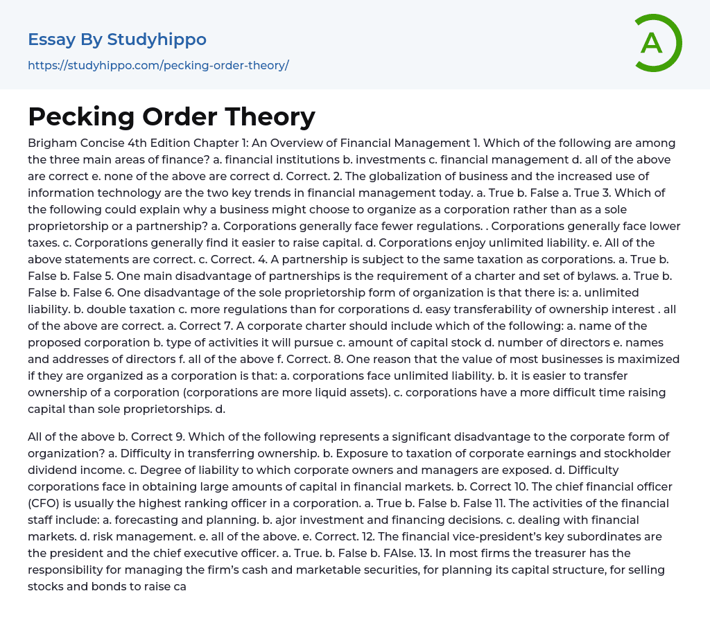 Pecking Order Theory Essay Example