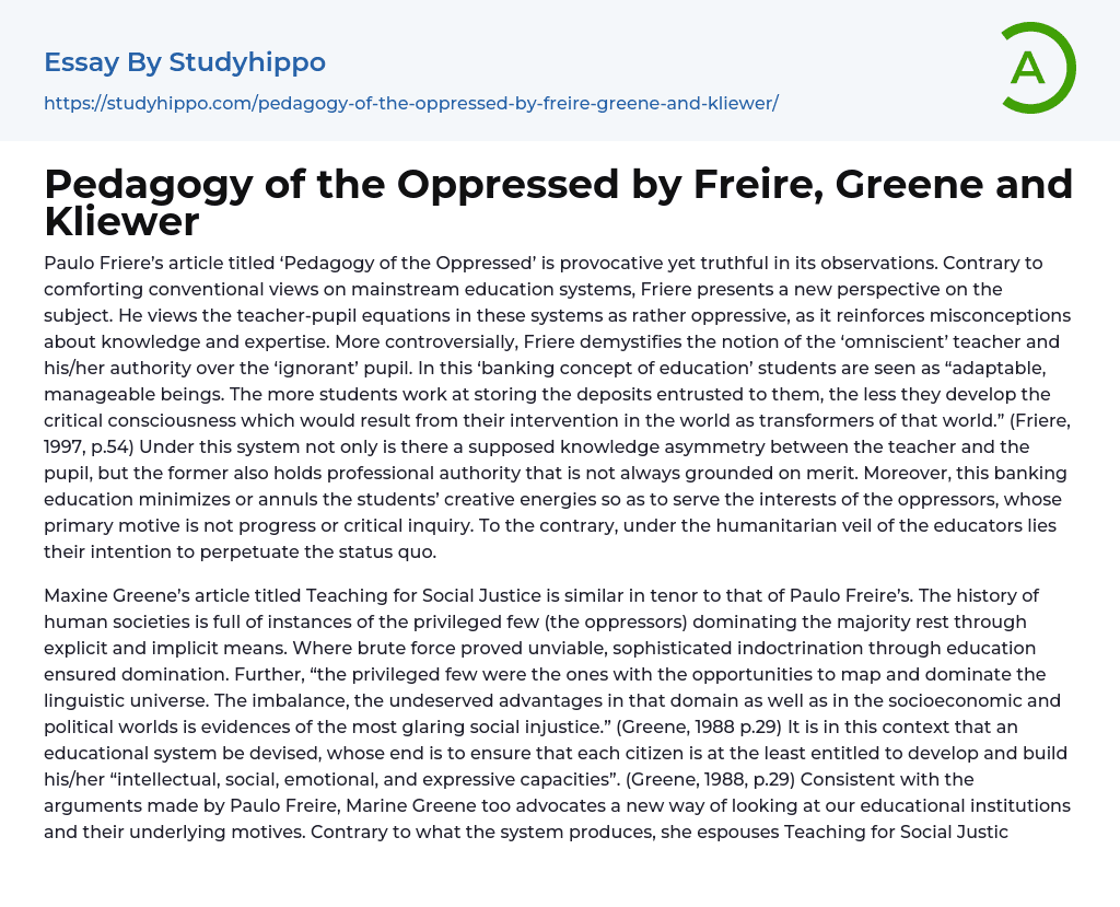 Pedagogy of the Oppressed by Freire, Greene and Kliewer Essay Example