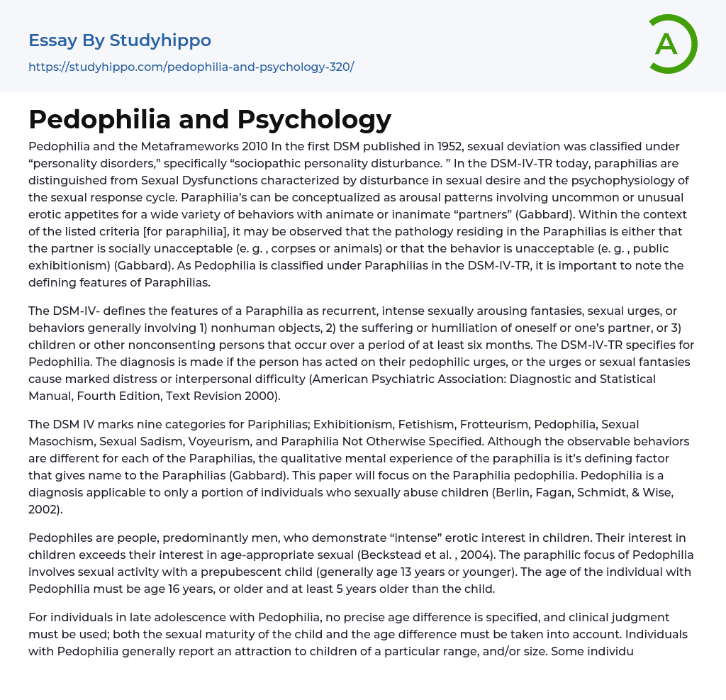 Pedophilia and Psychology Essay Example