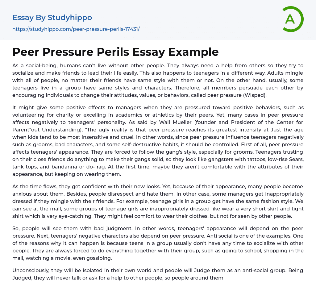 Peer Pressure Perils Essay Example