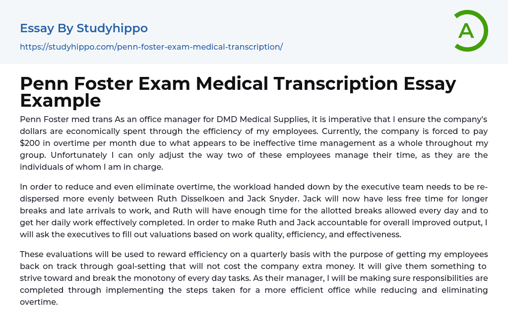 Penn Foster Exam Medical Transcription Essay Example