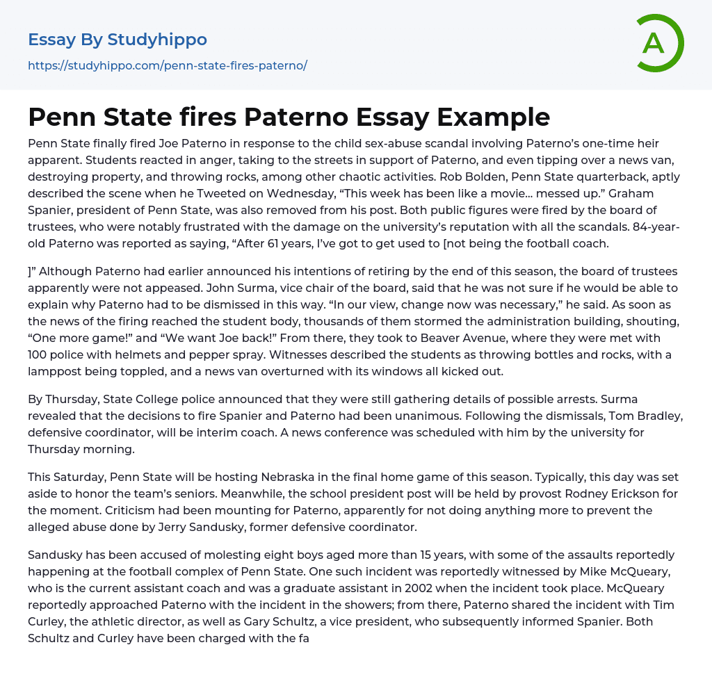 Penn State fires Paterno Essay Example