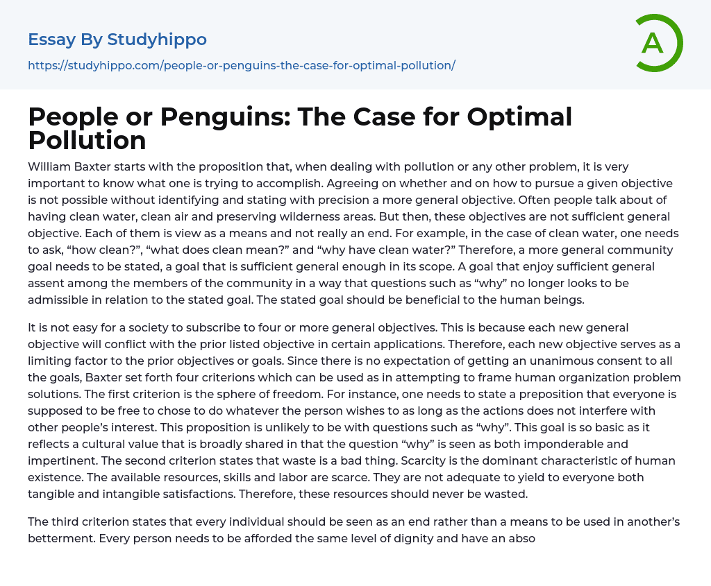 People or Penguins: The Case for Optimal Pollution Essay Example