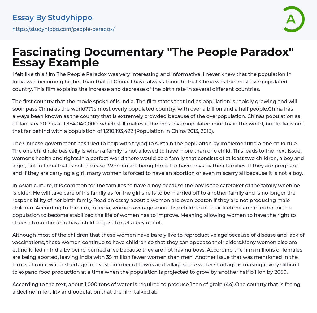 Fascinating Documentary “The People Paradox” Essay Example