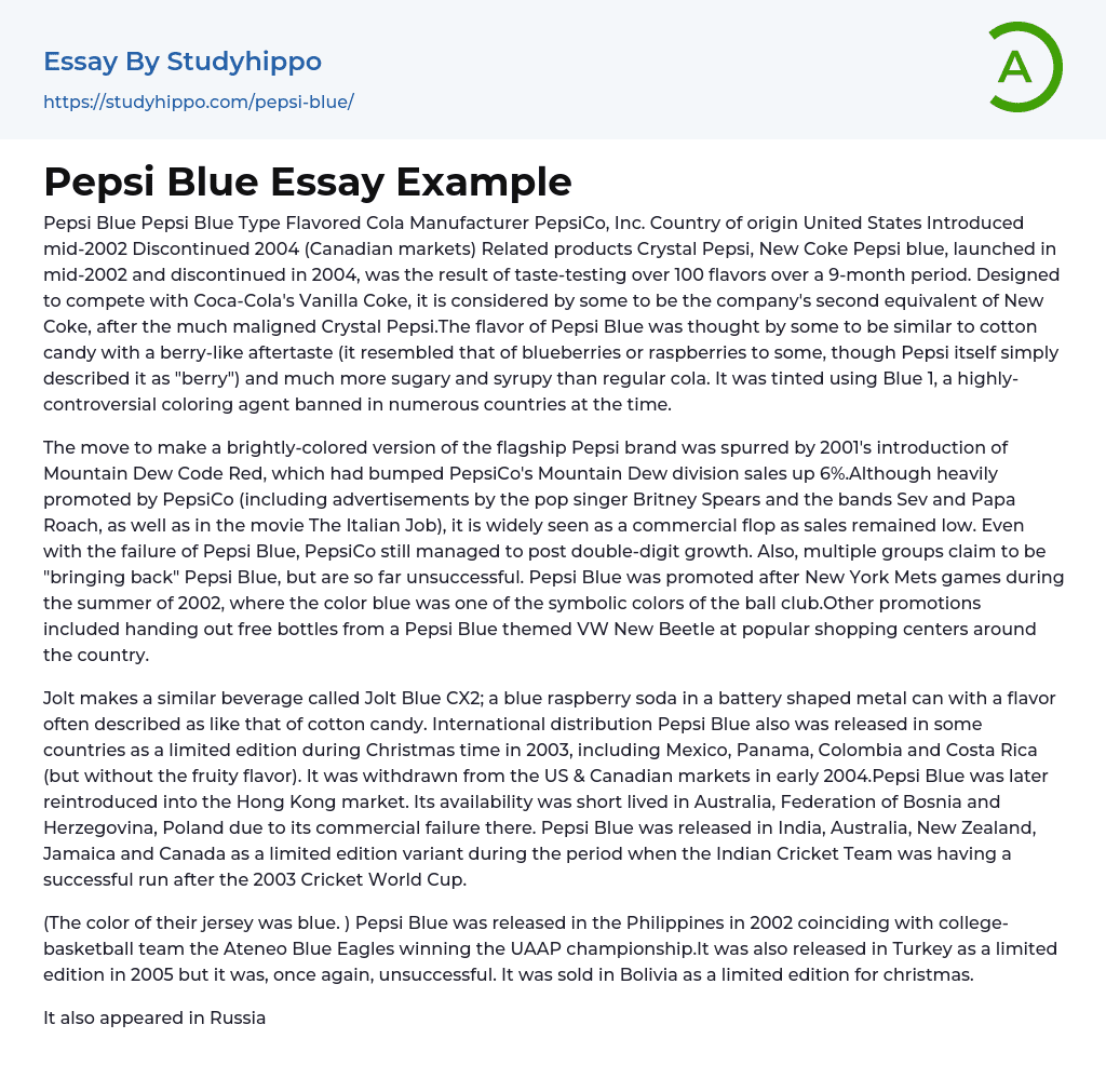Pepsi Blue Essay Example