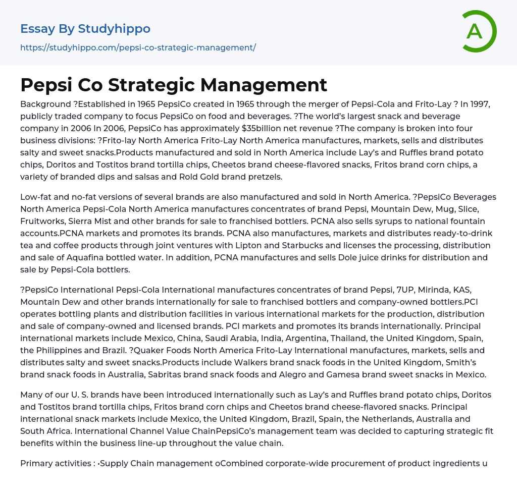 Pepsi Co Strategic Management Essay Example