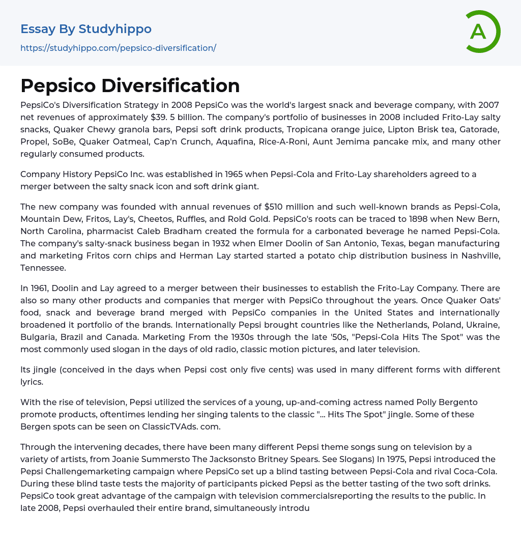 Pepsico Diversification Essay Example