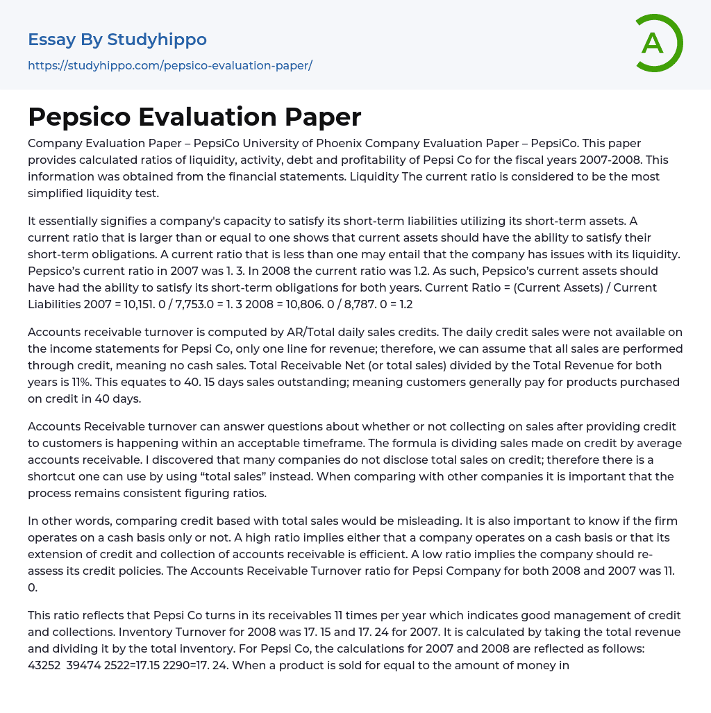 Company Evaluation Paper – PepsiCo Essay Example