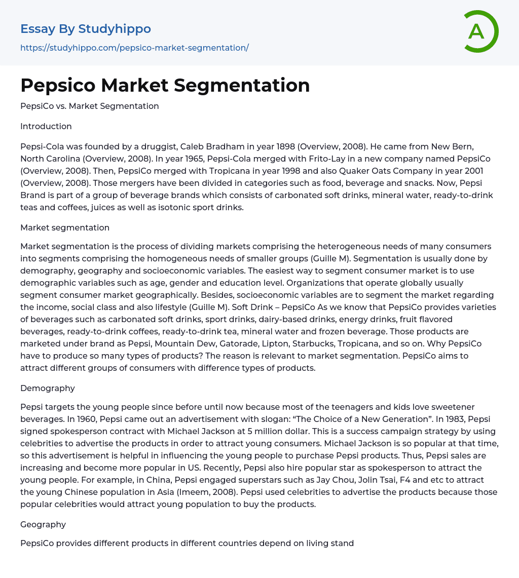 Pepsico Market Segmentation Essay Example