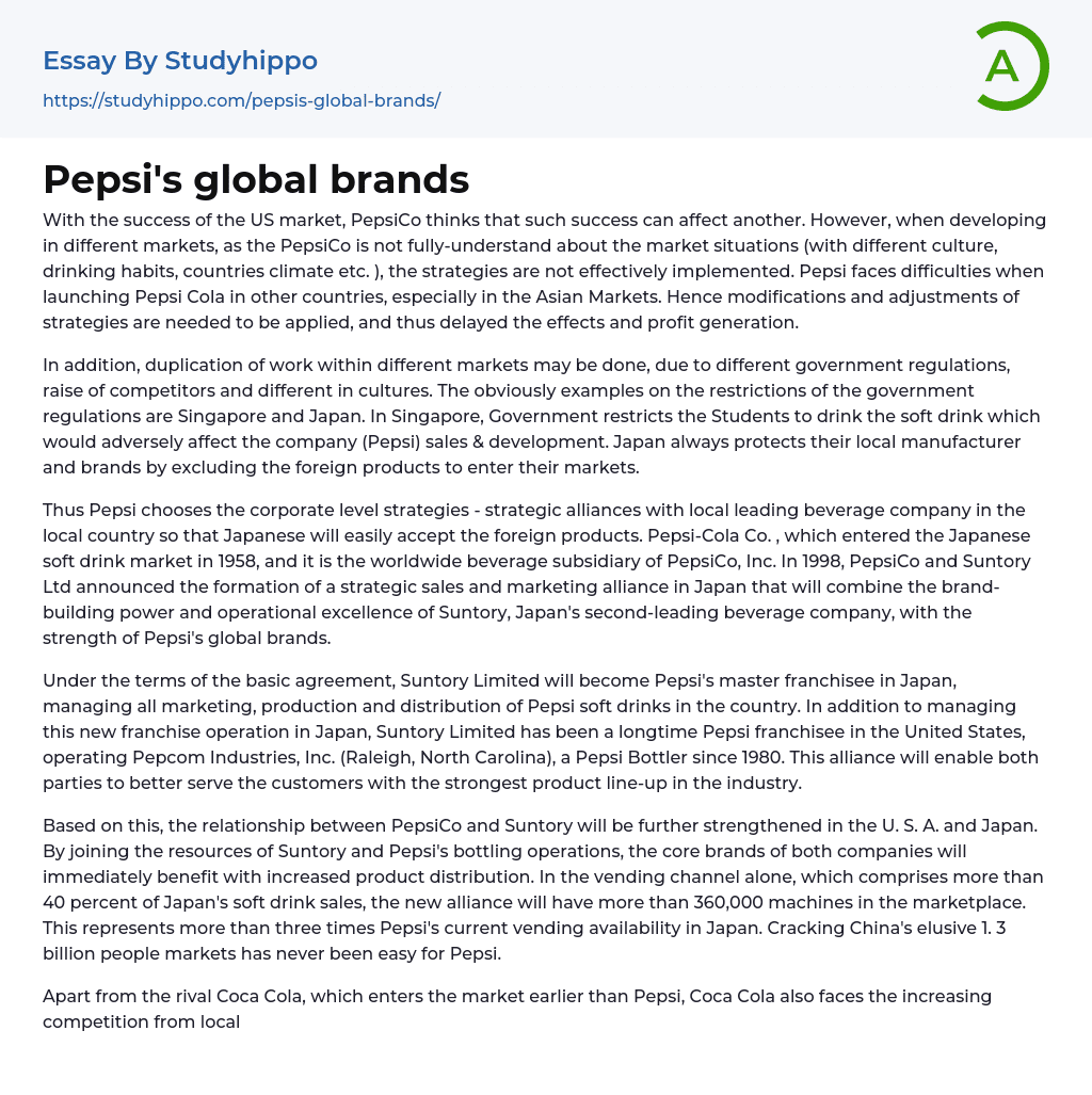 Pepsi’s global brands Essay Example
