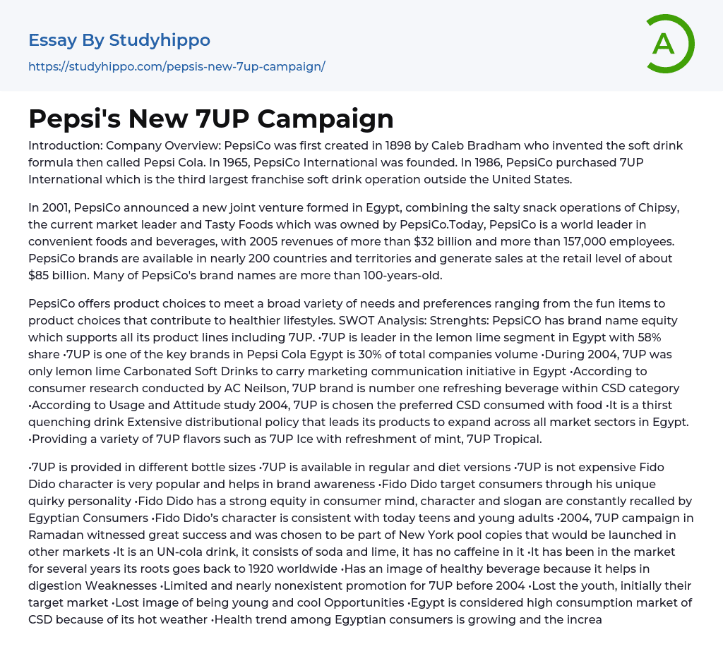Pepsi’s New 7UP Campaign Essay Example