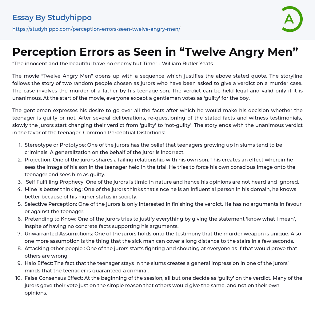Perception Errors as Seen in “Twelve Angry Men” Essay Example