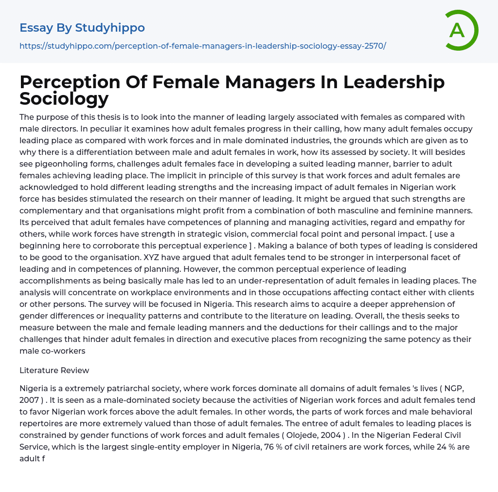 Perception Of Female Managers In Leadership Sociology Essay Example