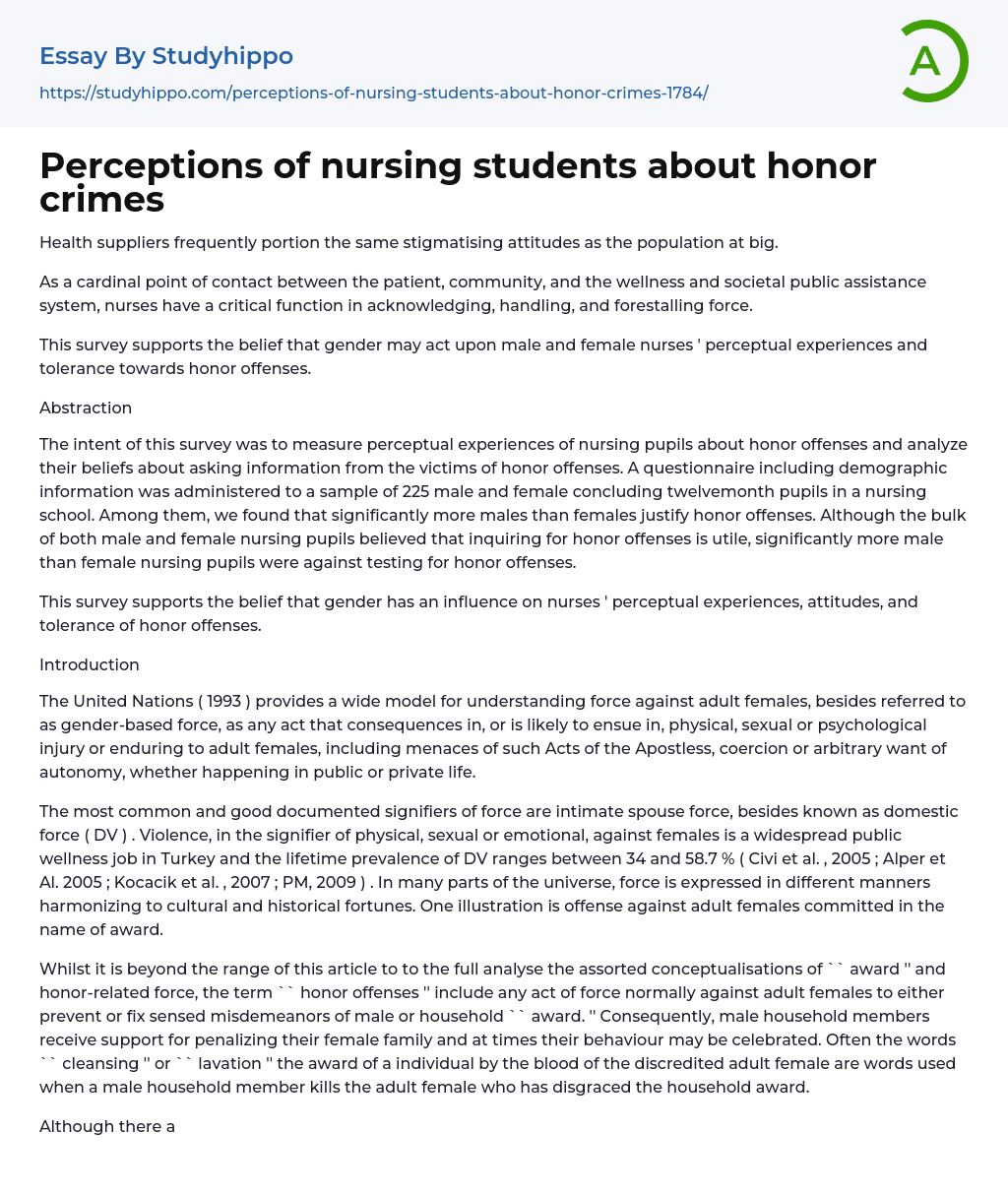 Perceptions of nursing students about honor crimes Essay Example