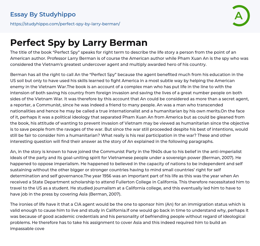 Perfect Spy by Larry Berman Essay Example