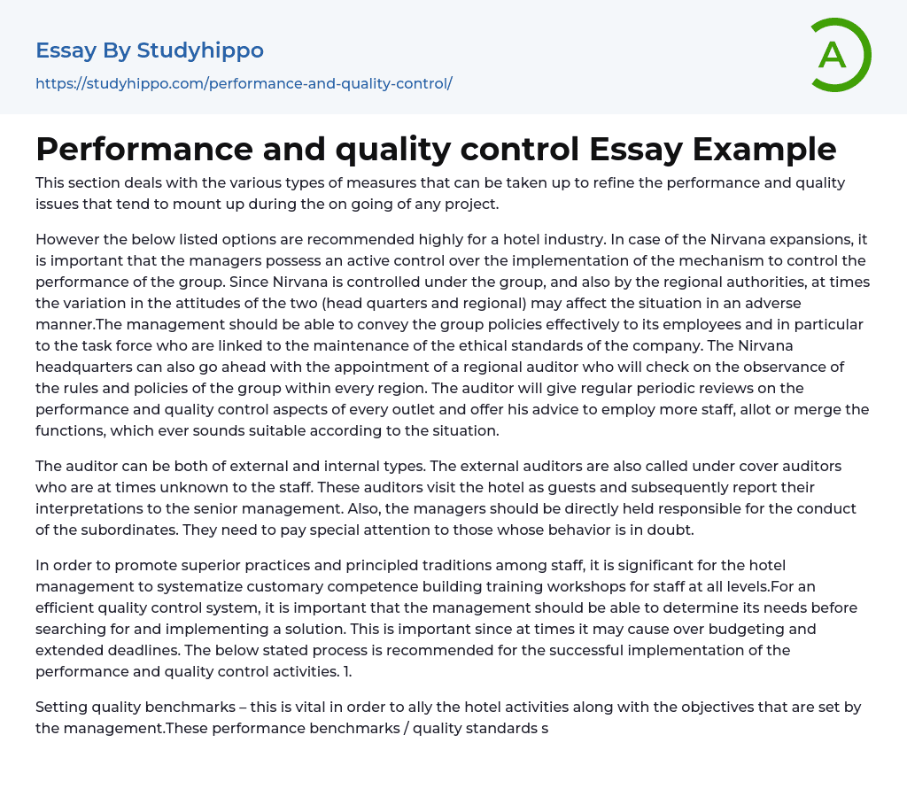 Performance and quality control Essay Example
