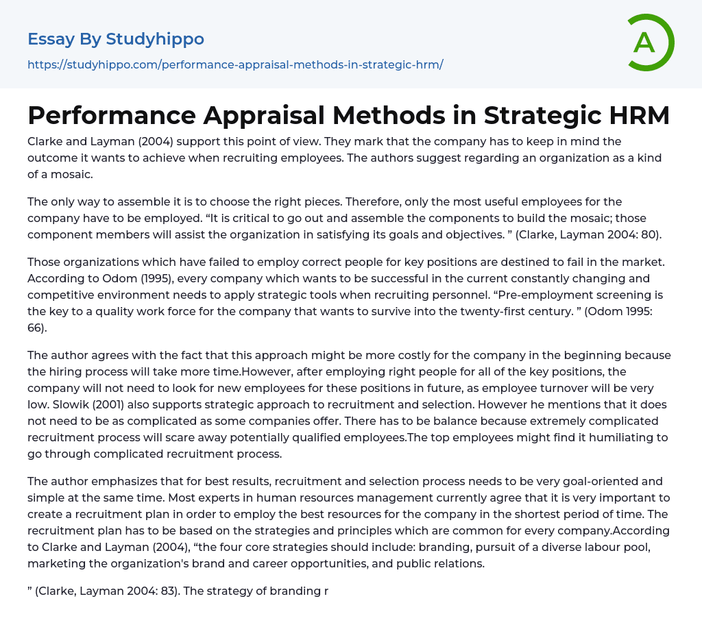 Performance Appraisal Methods in Strategic HRM Essay Example