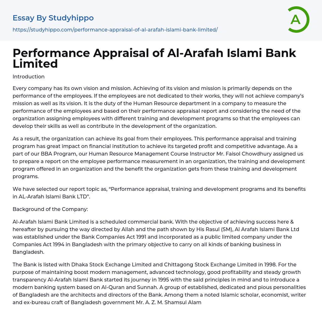 Performance Appraisal of Al-Arafah Islami Bank Limited Essay Example