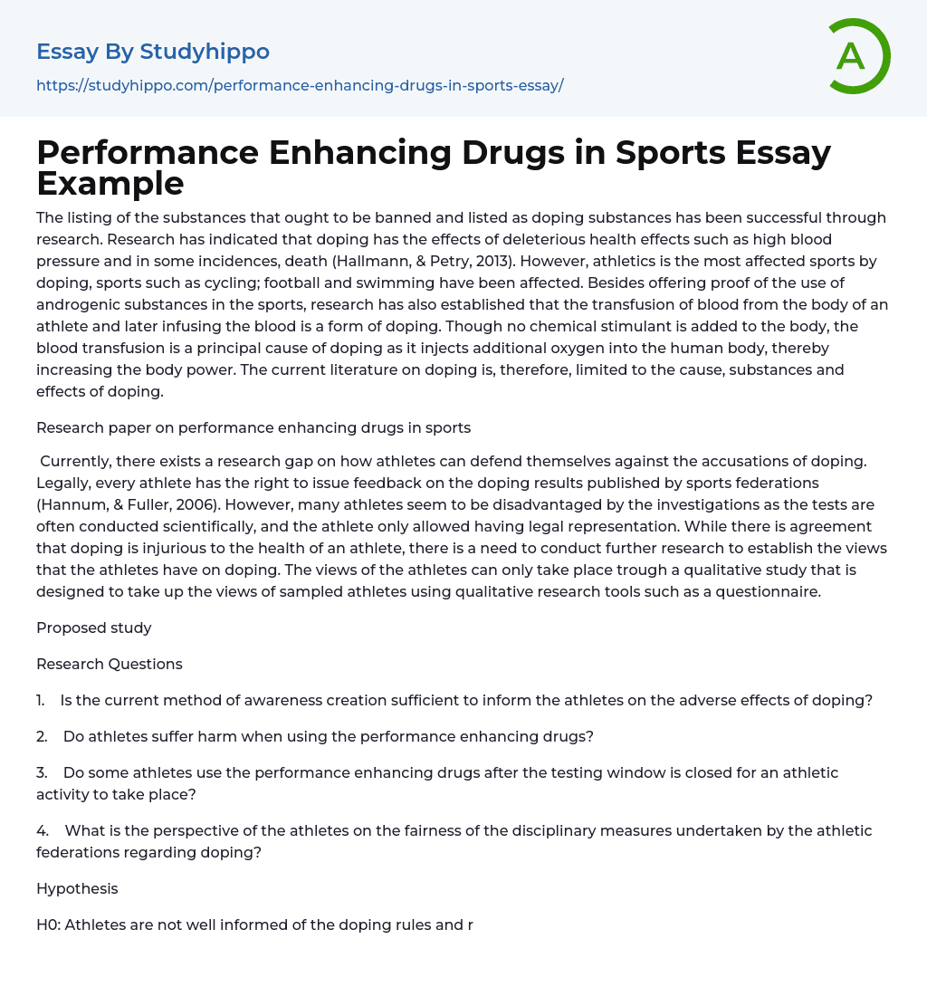 Performance Enhancing Drugs in Sports Essay Example