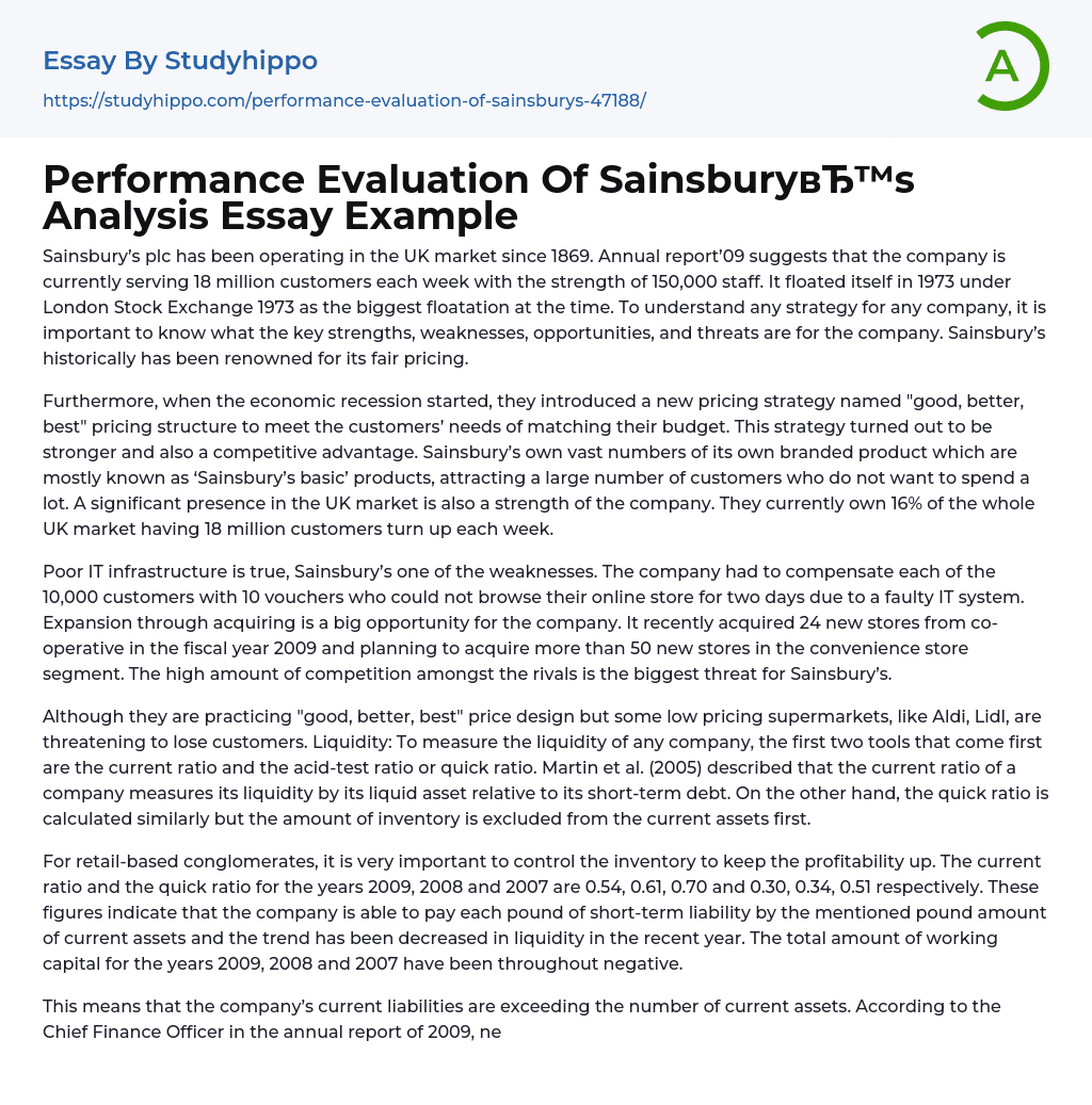 Performance Evaluation Of Sainsbury’s Analysis Essay Example
