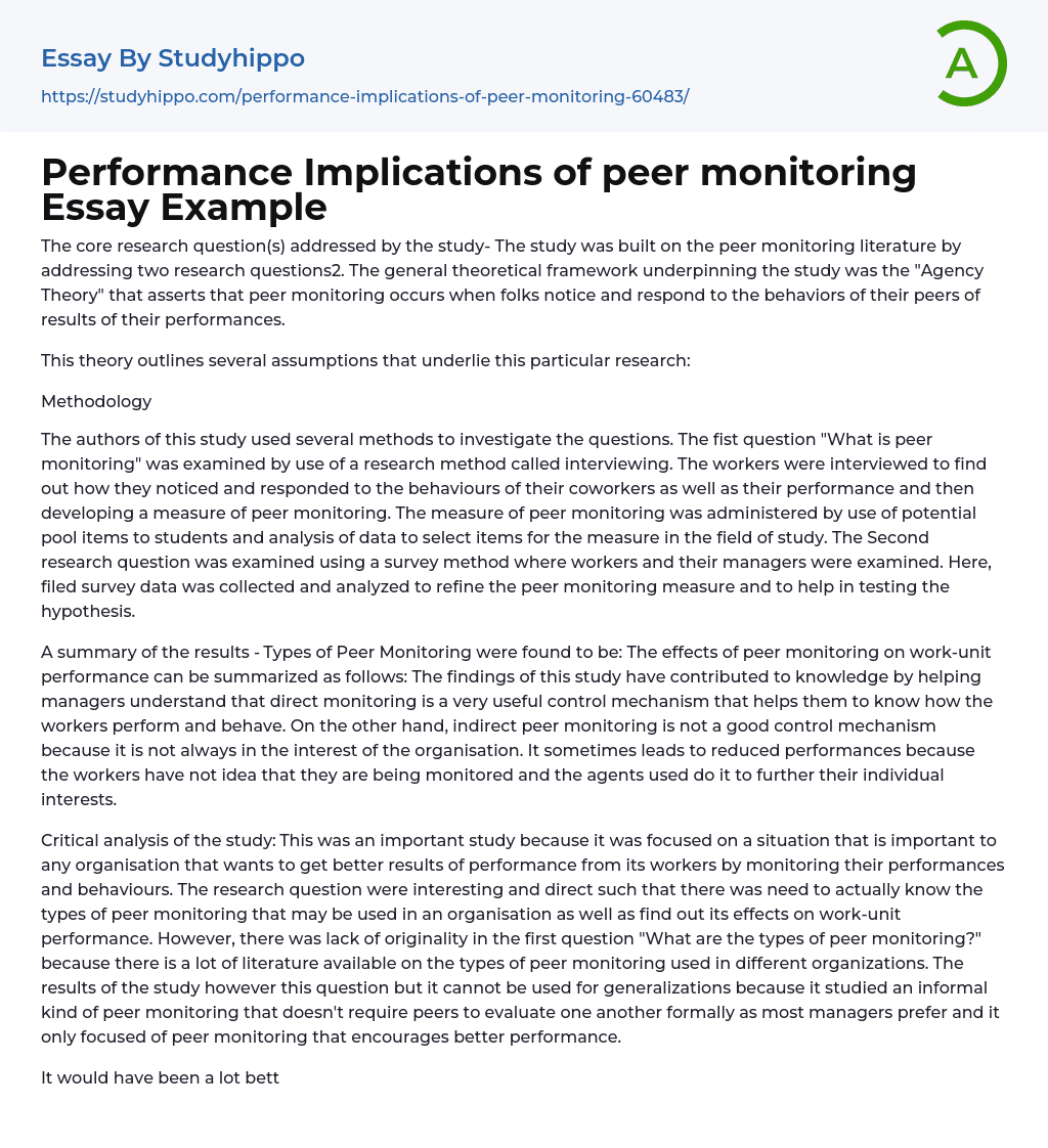 Performance Implications of peer monitoring Essay Example