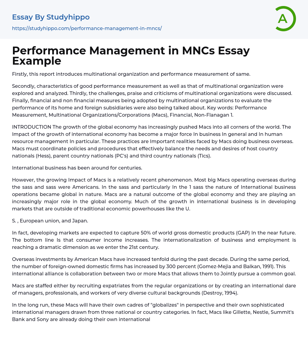 Performance Management in MNCs: Macs Essay Example
