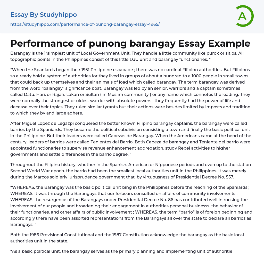 Performance of punong barangay Essay Example