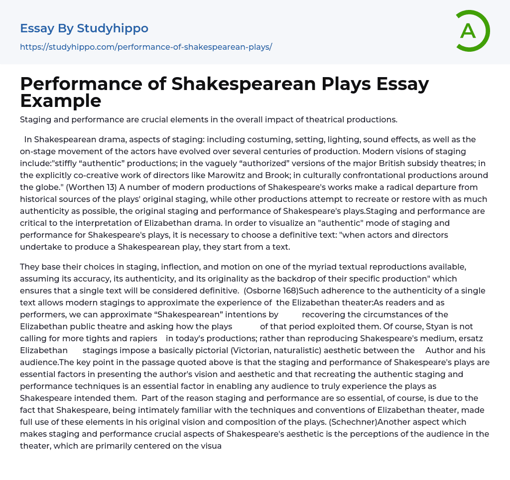 Performance of Shakespearean Plays Essay Example