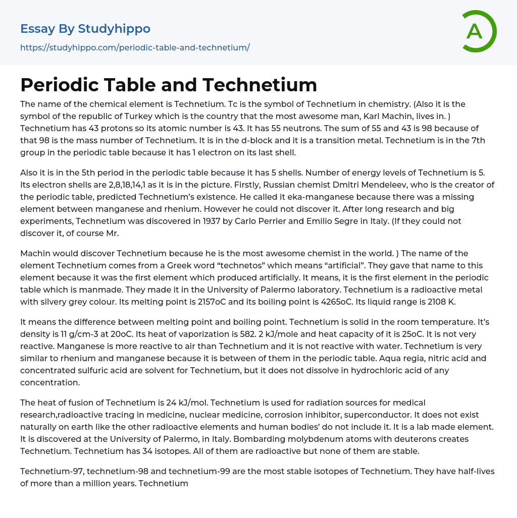 Periodic Table and Technetium Essay Example