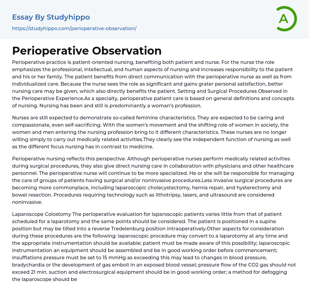 Perioperative Observation Essay Example
