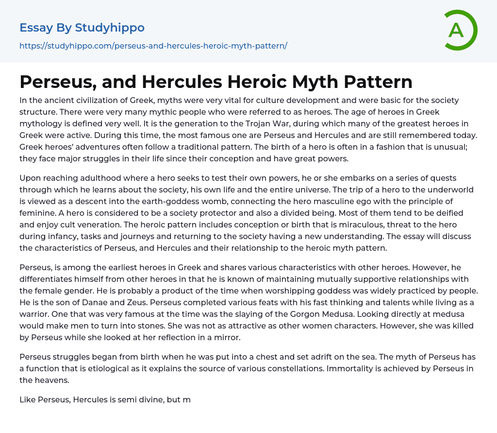 Perseus, and Hercules Heroic Myth Pattern Essay Example