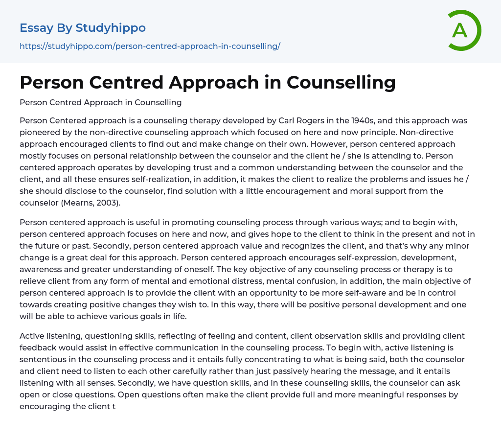 Person Centred Approach in Counselling Essay Example