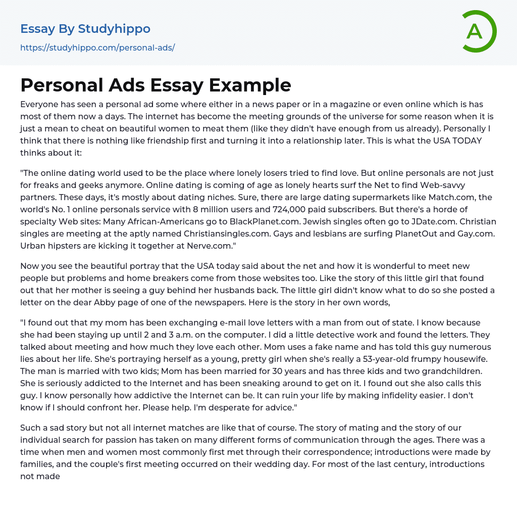 Personal Ads Essay Example