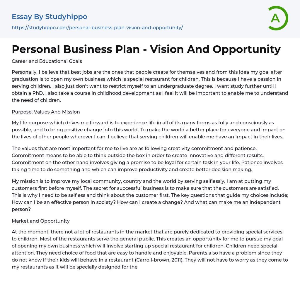 Personal Business Plan – Vision And Opportunity Essay Example