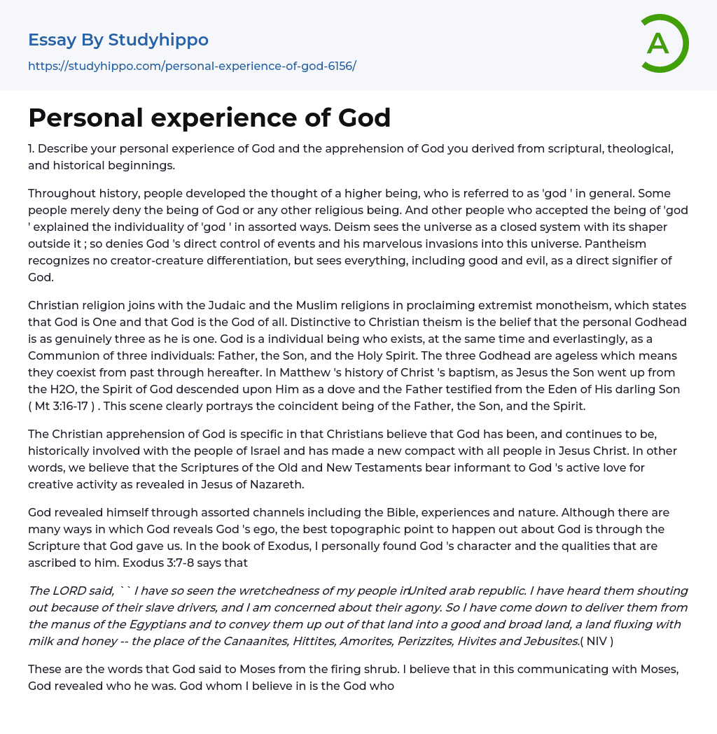 Personal experience of God Essay Example