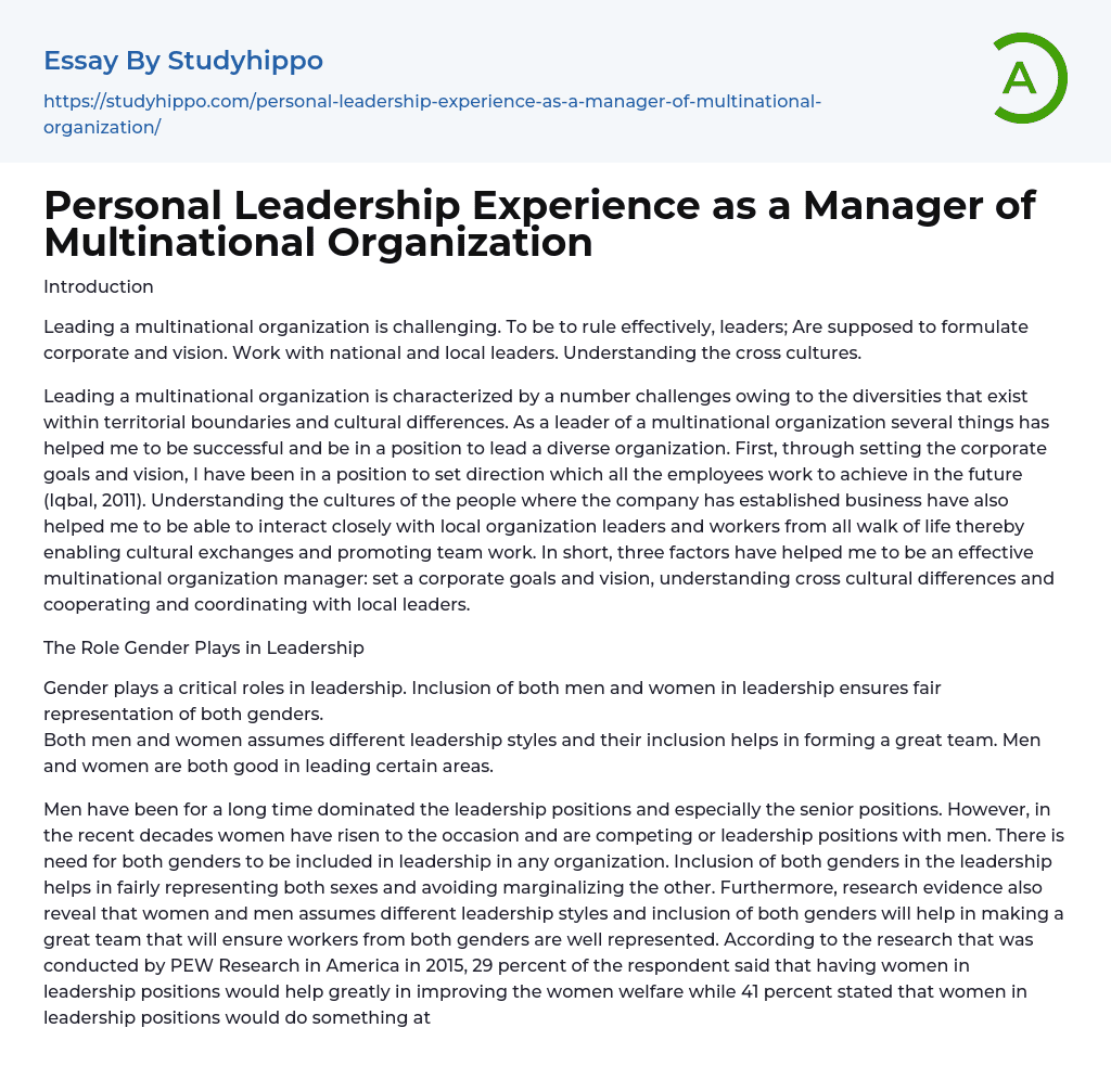 Personal Leadership Experience as a Manager of Multinational Organization Essay Example