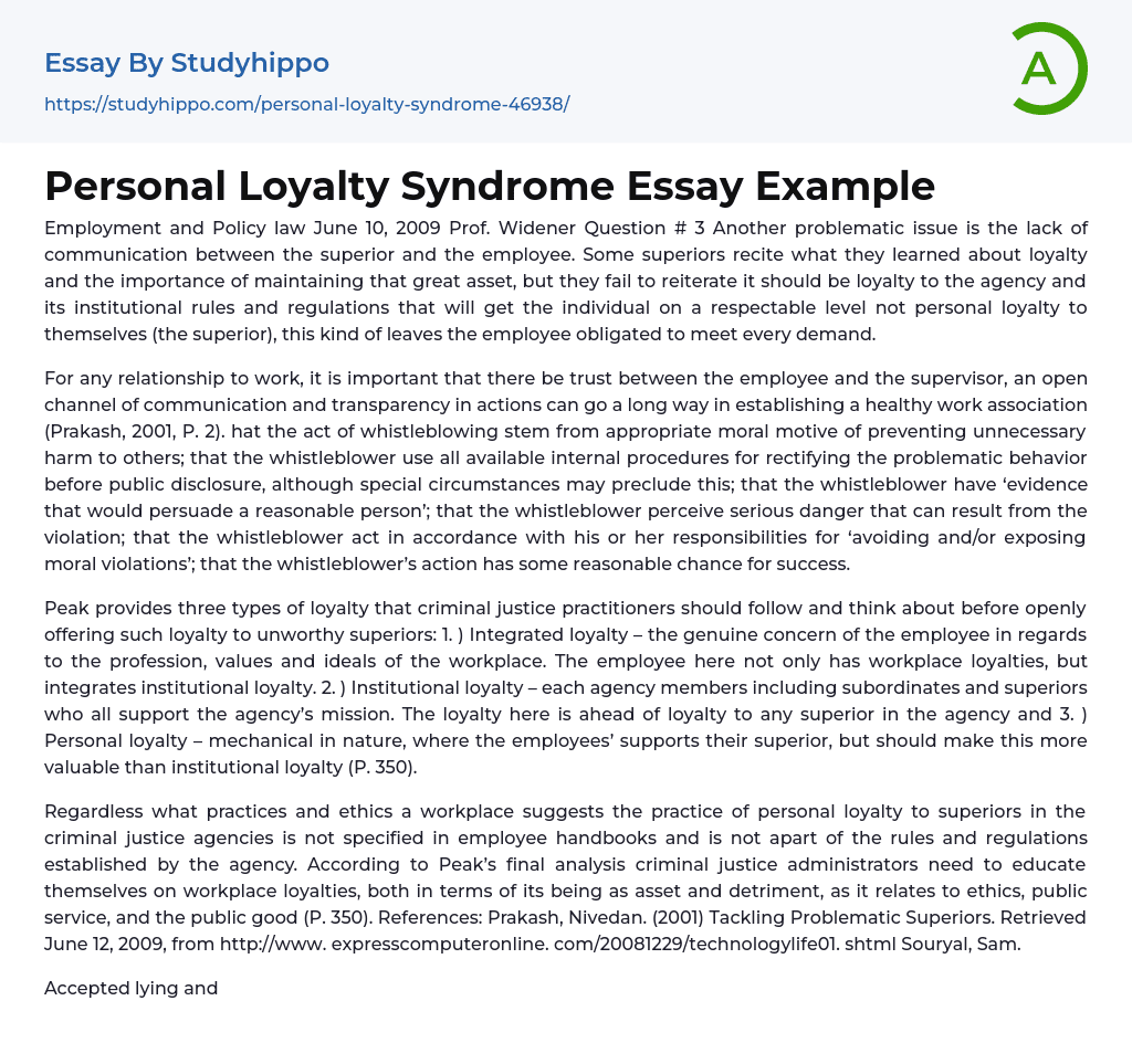 Employment and Policy: Personal Loyalty Syndrome Essay Example