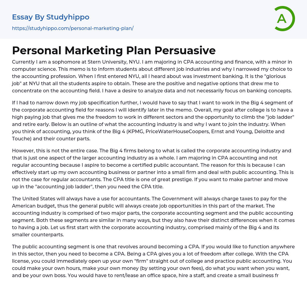 Personal Marketing Plan Persuasive Essay Example