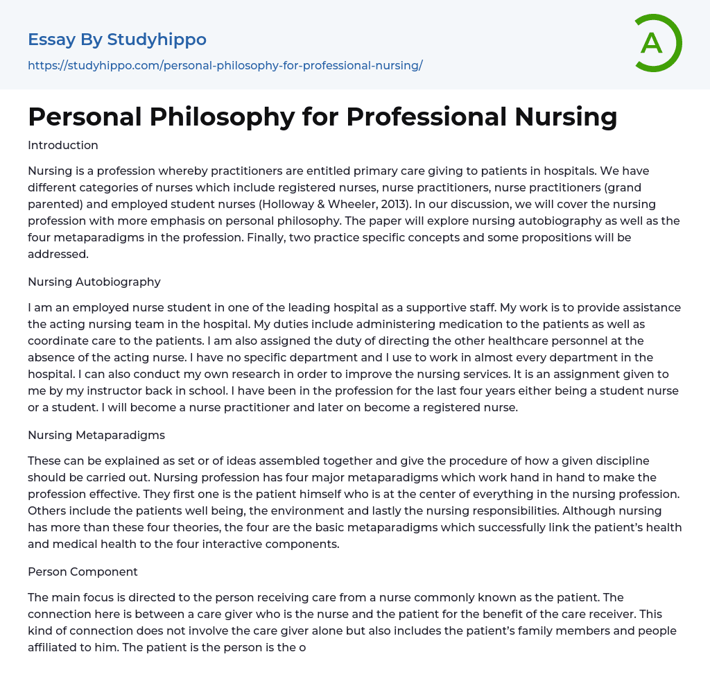 Personal Philosophy for Professional Nursing Essay Example
