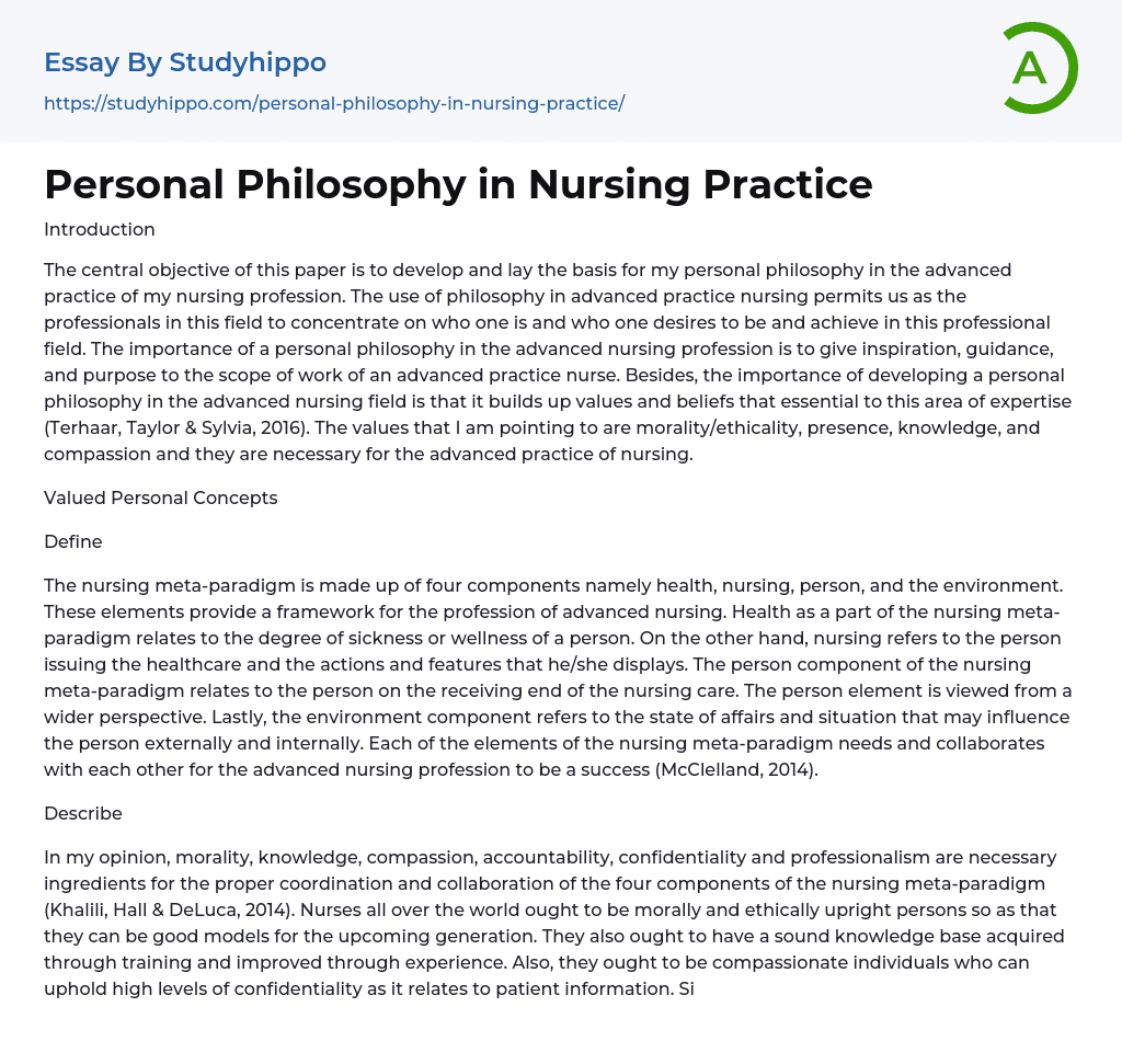 Personal Philosophy in Nursing Practice Essay Example