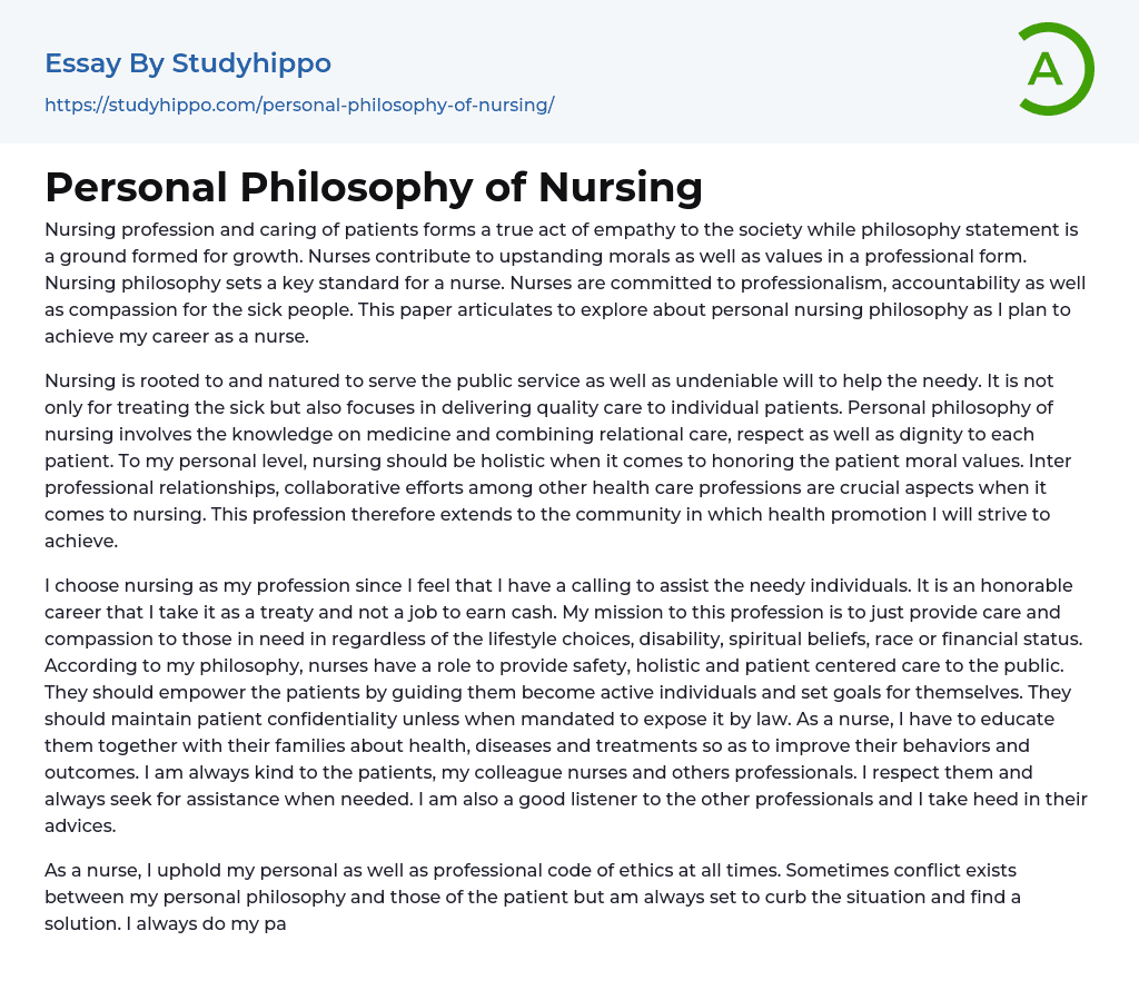 Personal Philosophy of Nursing Essay Example