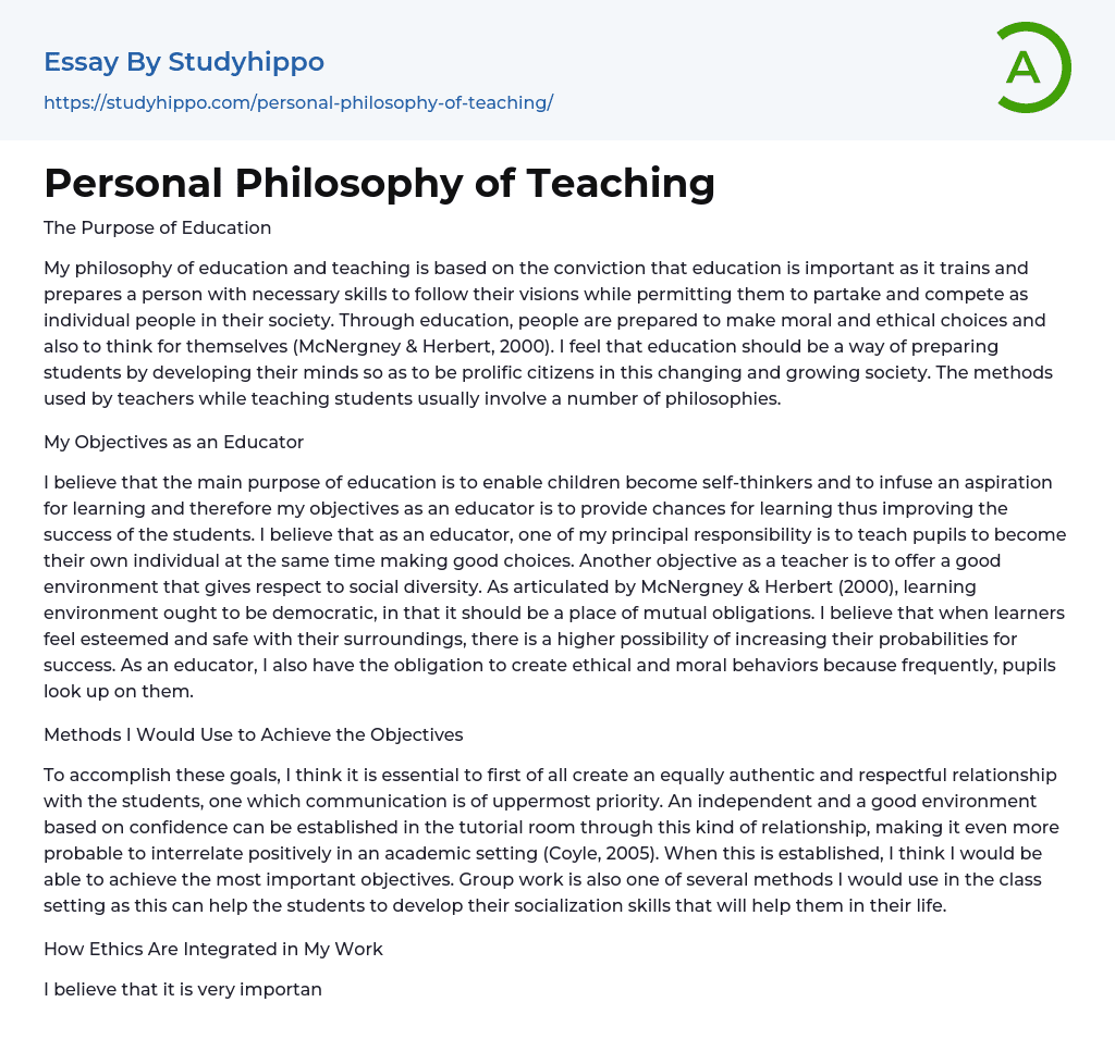 Personal Philosophy of Teaching Essay Example