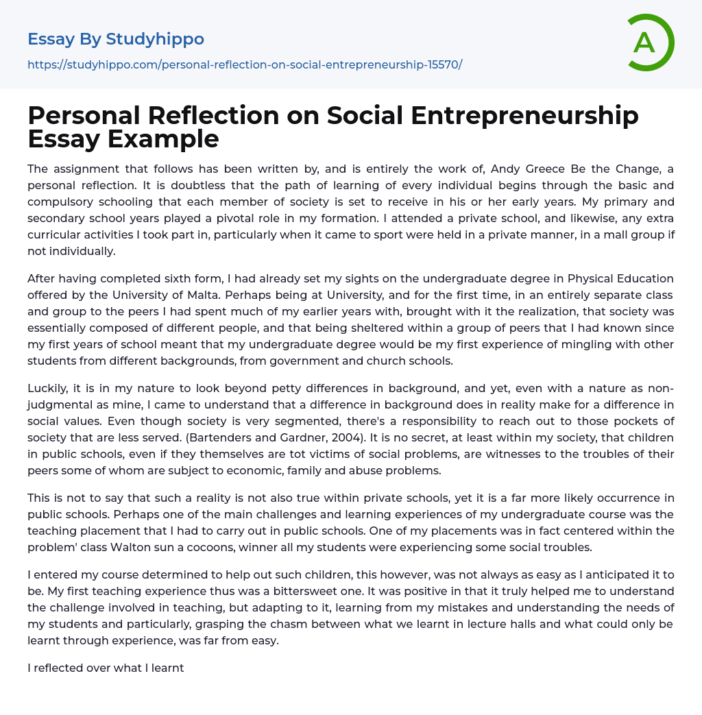 Personal Reflection on Social Entrepreneurship Essay Example