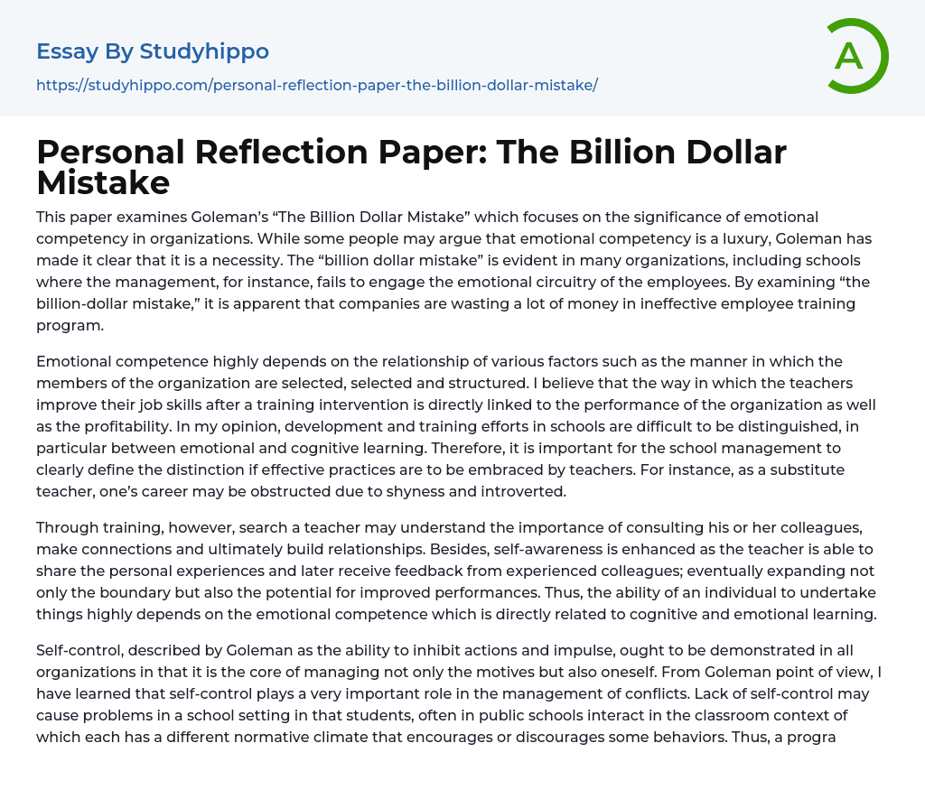 Personal Reflection Paper: The Billion Dollar Mistake Essay Example