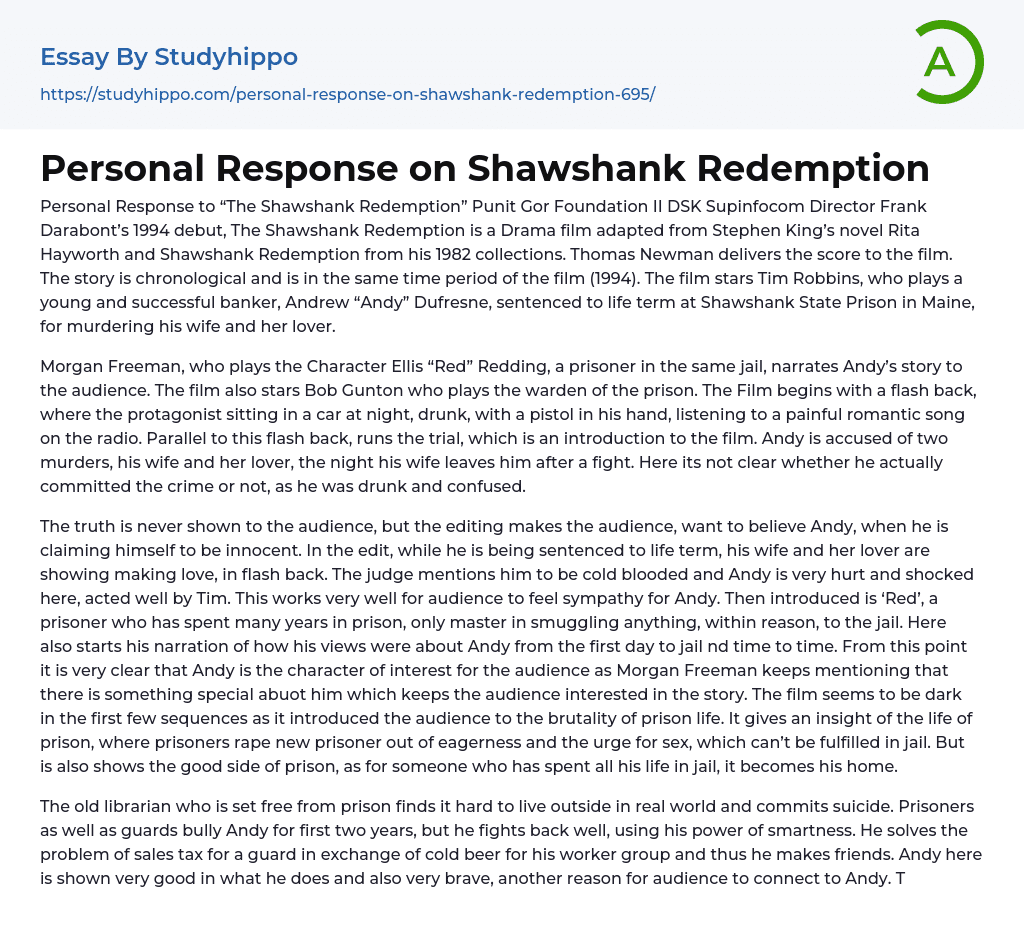 Personal Response on Shawshank Redemption Essay Example