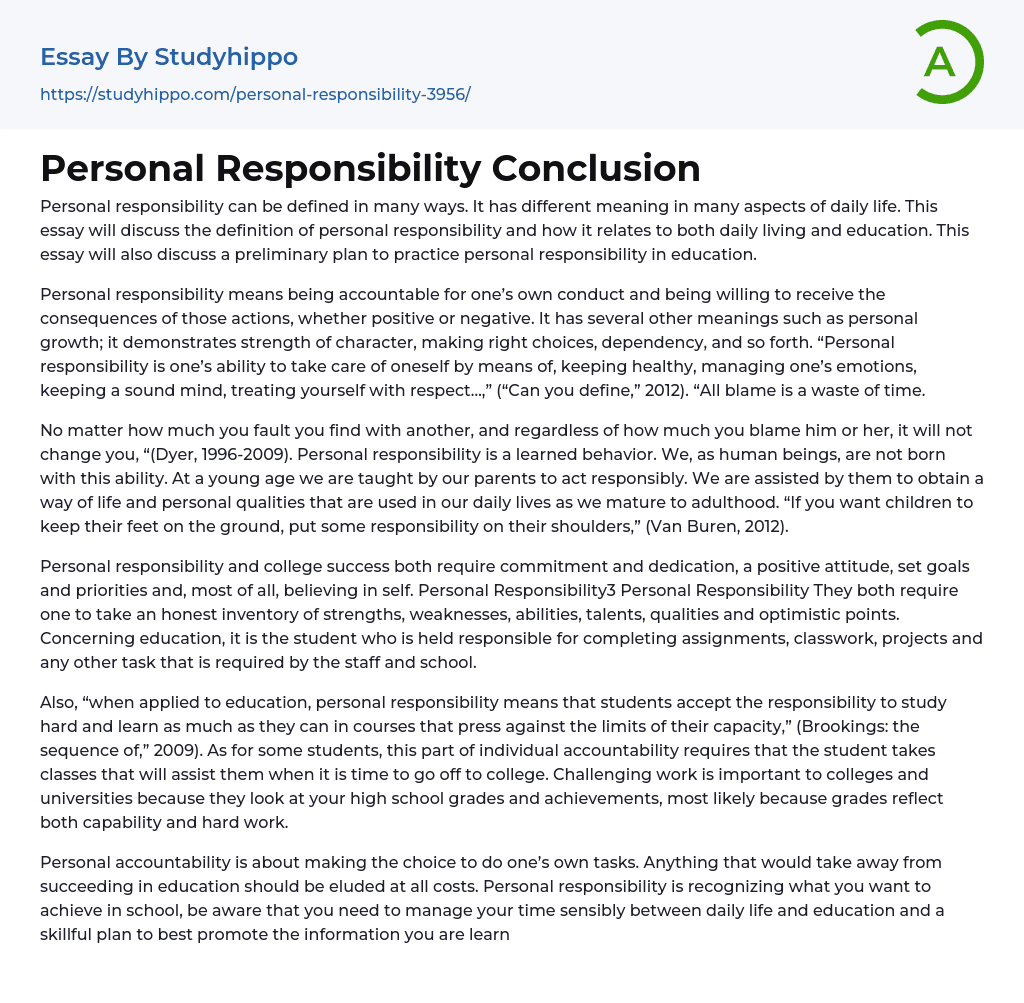 Personal Responsibility Conclusion Essay Example