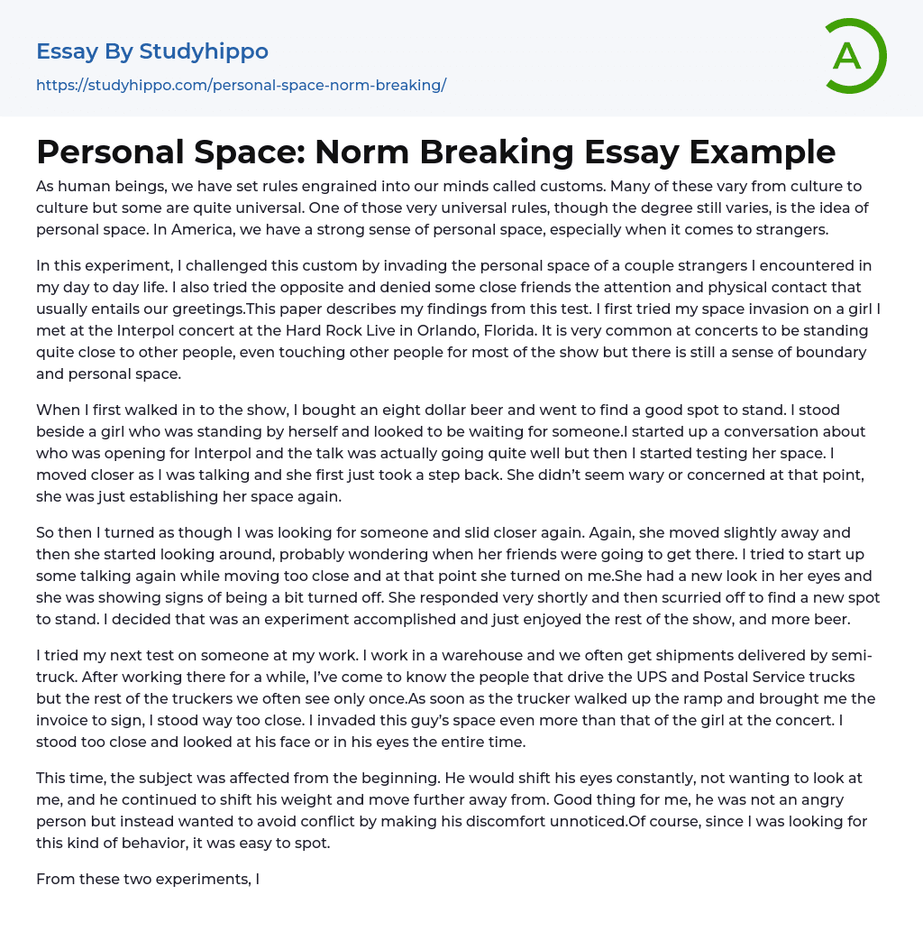 Personal Space: Norm Breaking Essay Example