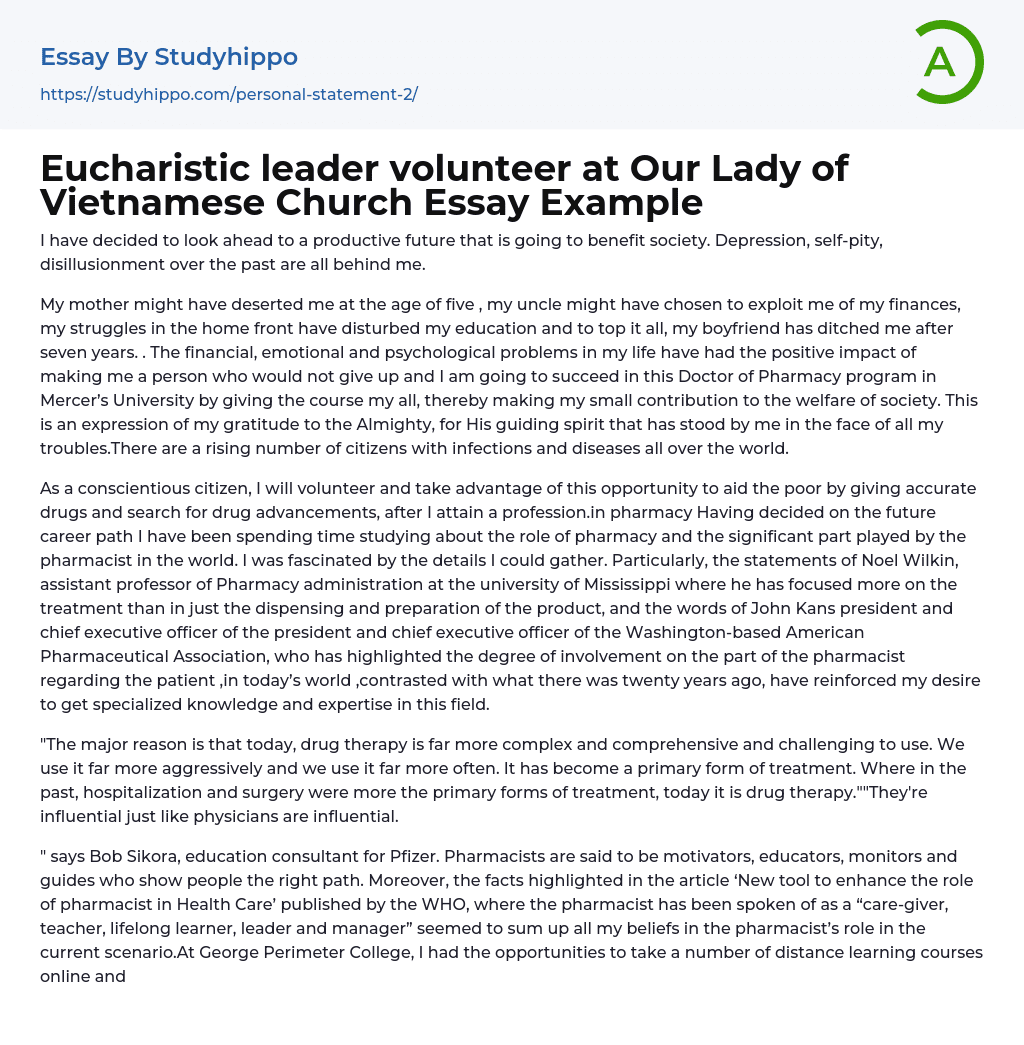 Eucharistic leader volunteer at Our Lady of Vietnamese Church Essay Example