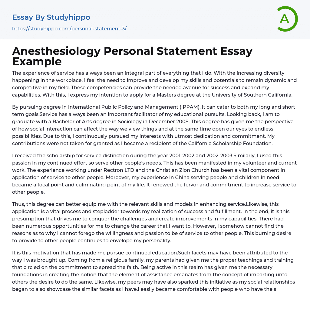 Anesthesiology Personal Statement Essay Example