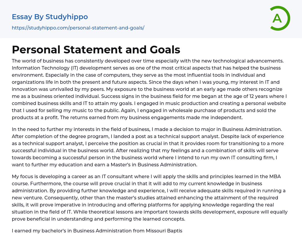 Personal Statement and Goals Essay Example